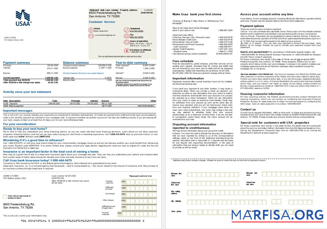 Printable USA USAA Bank mortgage statement in Word and PDF formats, 2 pages example